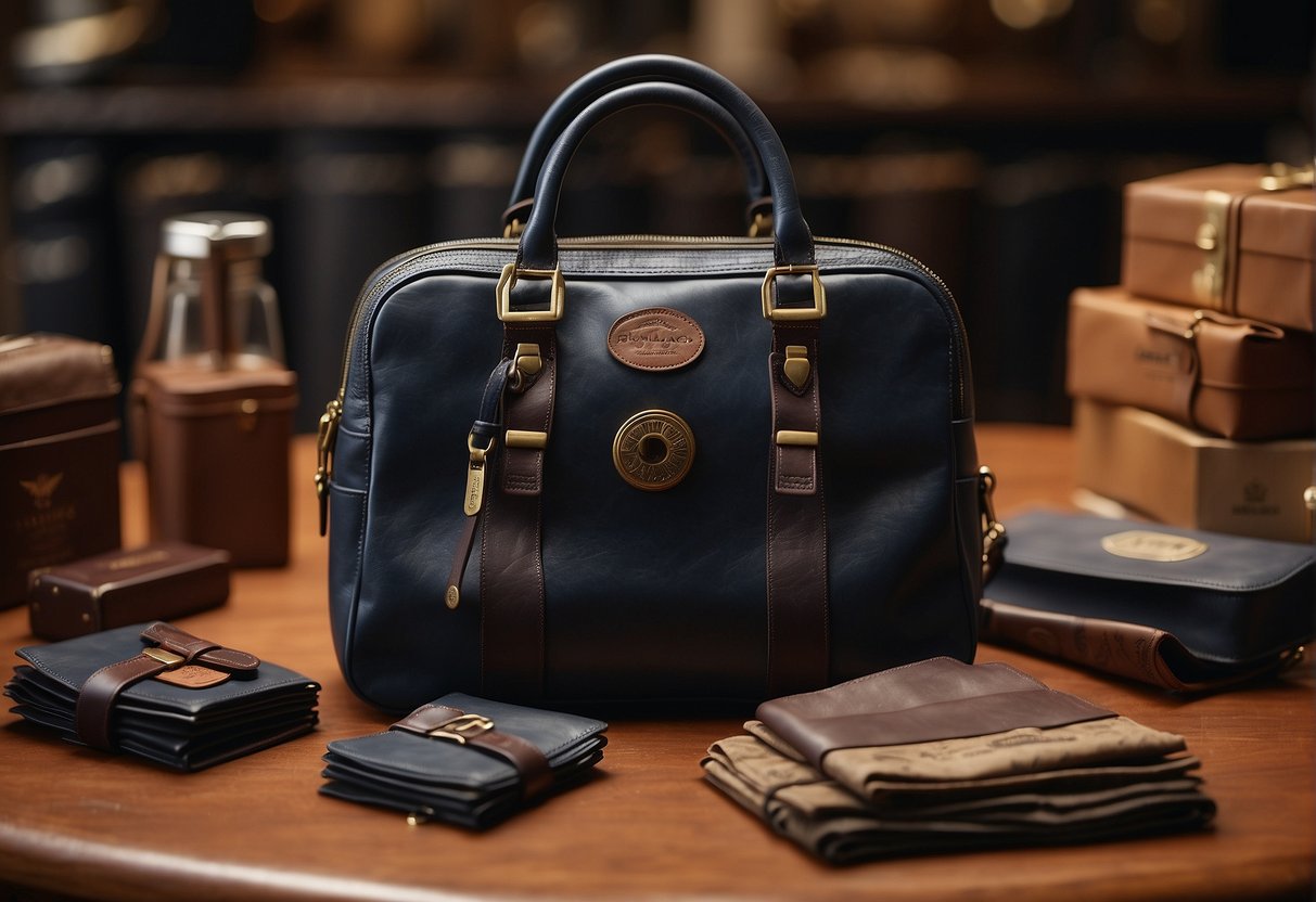 A vintage Bulaggi bag sits on a table, surrounded by price tags and leather swatches. The designer's logo is visible